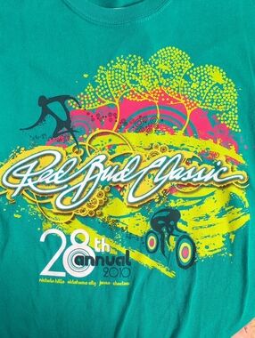 Red Bud Classic Short Sleeve Tee with Neon Runny & Bike Graphic Size M